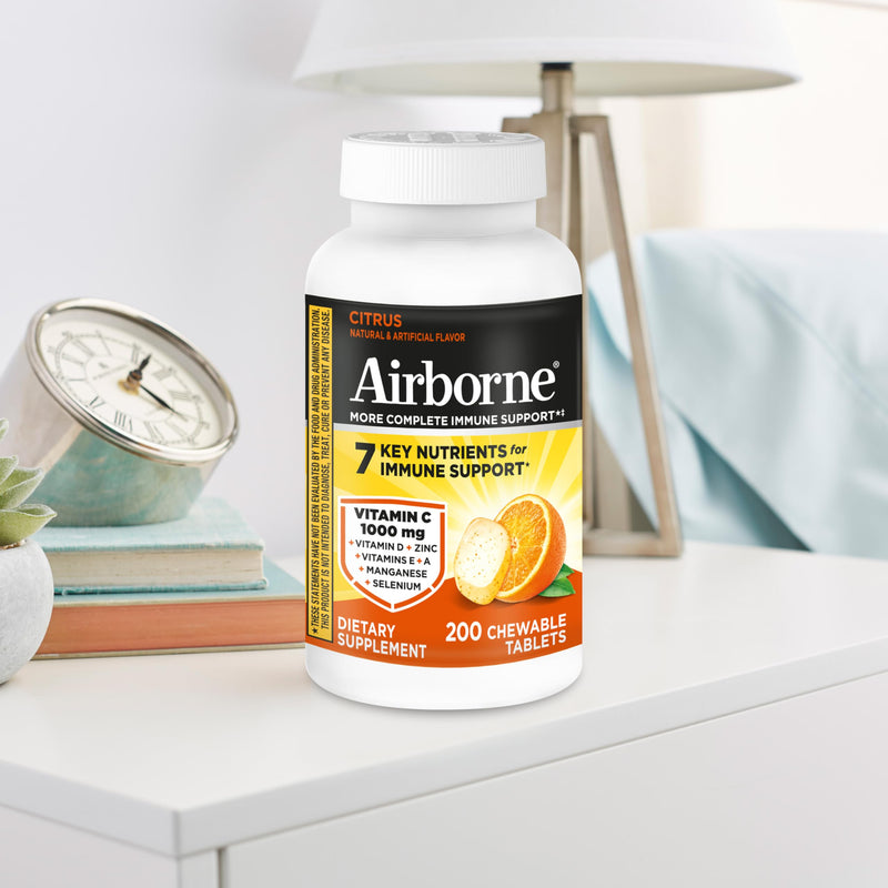 Airborne 1000mg Vitamin C Immune Support Citrus Chewable Tablets, 200ct | Antioxidants Vitamins A, D & E + Zinc, Selenium, and Manganese, Herbal Blend, Multivitamin Supplements, Immune Health, Tasty 200 Count (Pack of 1)