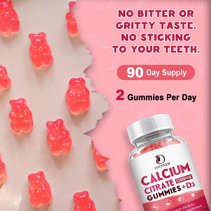 Calcium Citrate 1200mg with Vitamin D3 Supplements Gummies for Women & Men, Calcium Gummies with Vitamin D3 K2, High Absorption for Bone Muscle Healthy- Peach Flavor- 90 Day Supply （3 Pack） 60 Count (Pack of 3)