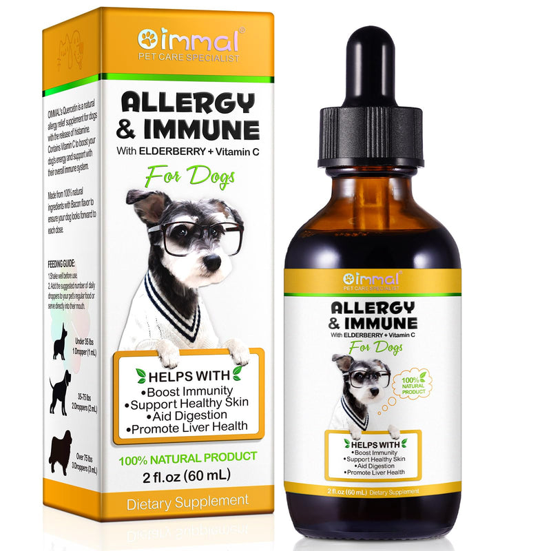 Oimmal Dog Allergy Support Drops, Natural Herbal Supplement for Dogs, Supports Skin & Coat, Gut Health & Normal Immune Function, Liquid Pet Supplement with Antioxidants, Bacon Flavor, 60ml / 2 fl oz