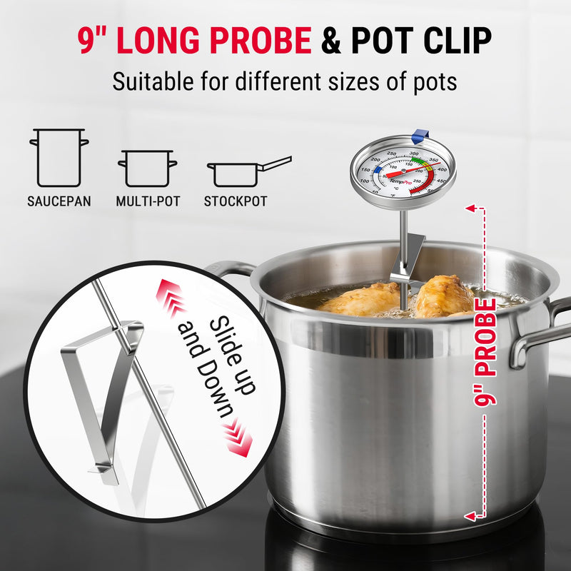 TempPro Candy Thermometer with Pot Clip, 9" Long Probe Deep Fry Oil Thermometer for Frying & Candy Making, Fryer Cooking Thermometer for Chocolate, Caramel, Brewing & Baking (Previously ThermoPro) 1 Mechanical Thermometer
