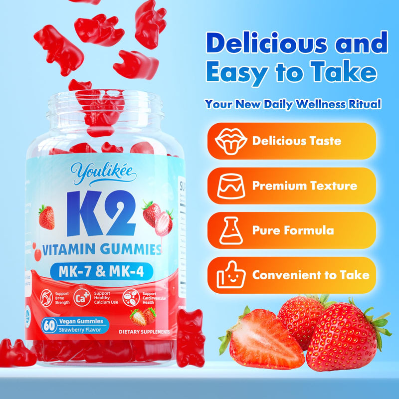 Vitamin K2 Gummies, Dual Formula Vitamin K2 Supplement with MK-7 & MK-4, Supports Bone Health, Gluten-Free, Sugar-Free, Non-GMO, Strawberry Flavor, 60 Gummies 60 Count (Pack of 1)