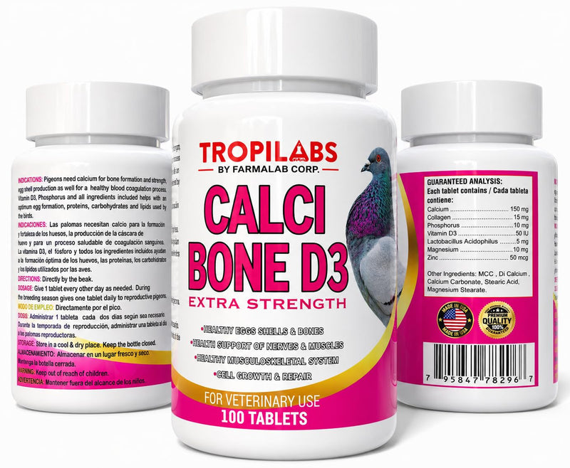 Farmalab Calcium Bone D3 Extra Strength Calcium Supplement for Pigeons, 100 Tablets, with Vitamin D3 and Collagen