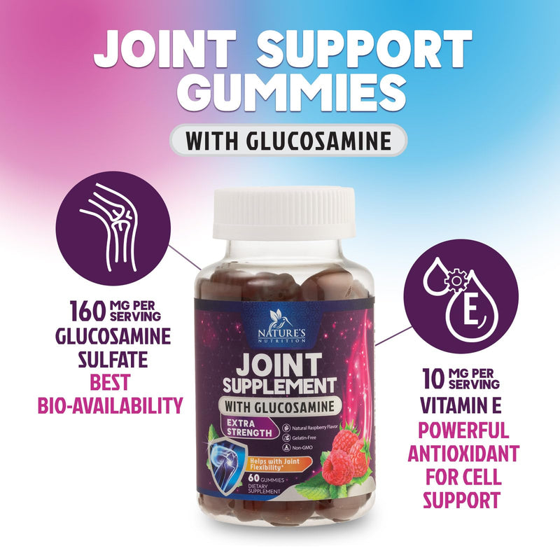 Joint Support Gummies - Glucosamine Plus Vitamin E Nature's Joint Support Supplement for Occasional Discomfort for Back, Knees & Hands - Cartilage & Joint Health & Flexibility Support - 60 Gummies 60 Count (Pack of 1)