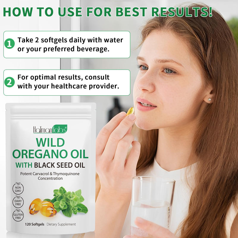 120PCS Oil of Oregano with Black Seed Oil Boosts Immune Oregano Oil Capsules Organic, Chlorophyll, Fast Absorption, GMP Certified 120 Count (Pack of 1)