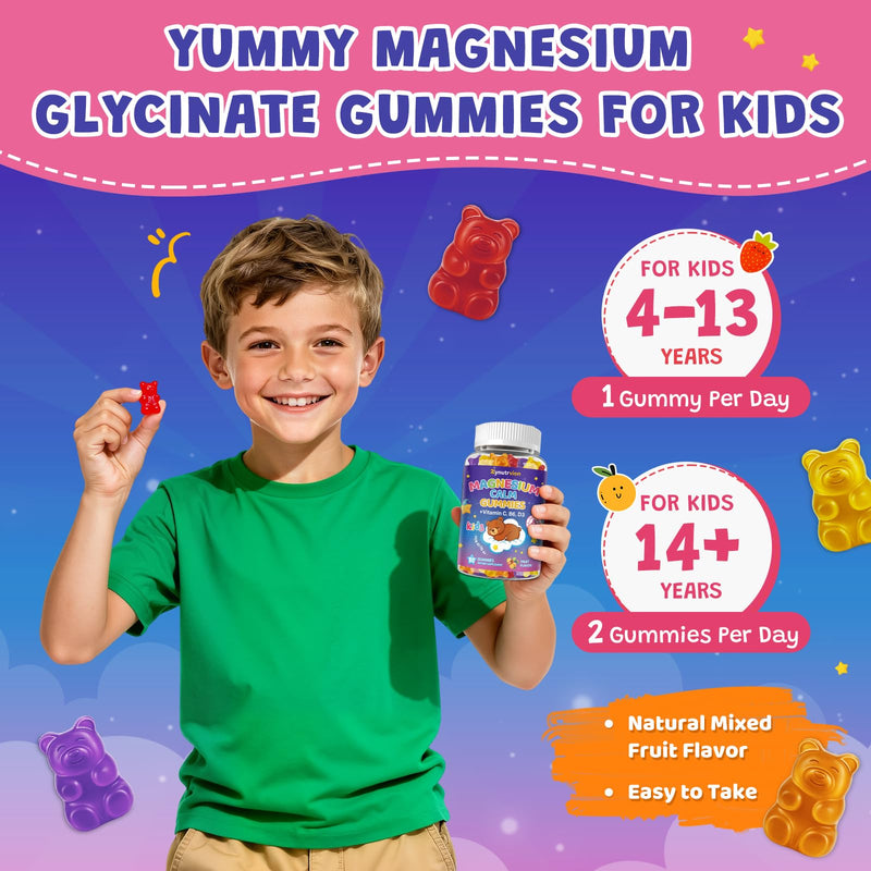 Magnesium Glycinate Gummies for Kids & Adults - Sugar Free Fruit Flavor, 60ct, Magnesium Supplement with L-Theanine, Vitamin B6, D3, Supports Sleep, Stress Relief, Muscle, Calm & Relaxation Health