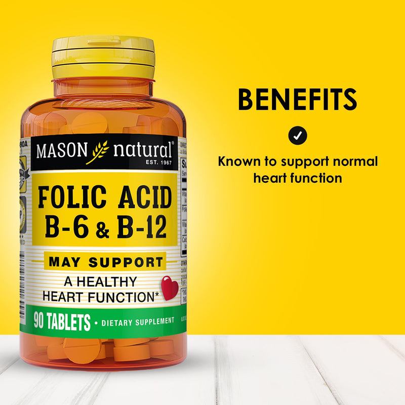 MASON NATURAL Folic Acid with B,6 & B,12, 90 Day Supply, Supports Normal Heart Health and Metabolic Function 90 Count (Pack of 1)