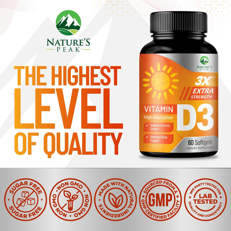 Vitamin D-3 5000 IU (125 mcg) Per Serving Softgels - Extra Strength Vitamins D Dietary Supplement for Bone, Teeth, Muscle Health & Immune Support, Rapid Absorbtion USA Bottled, Gluten Free - 60 Count 60 Count (Pack of 1)