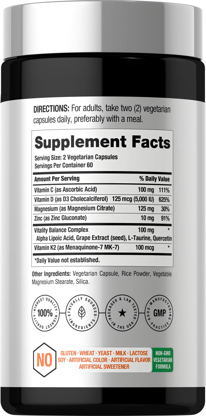 Horbäach Vitamin D3 K2 | 5000 IU D3 | 120 Capsules | With Magnesium, Zinc, & Quercetin | Vegetarian, Non-GMO, Gluten Free Supplement