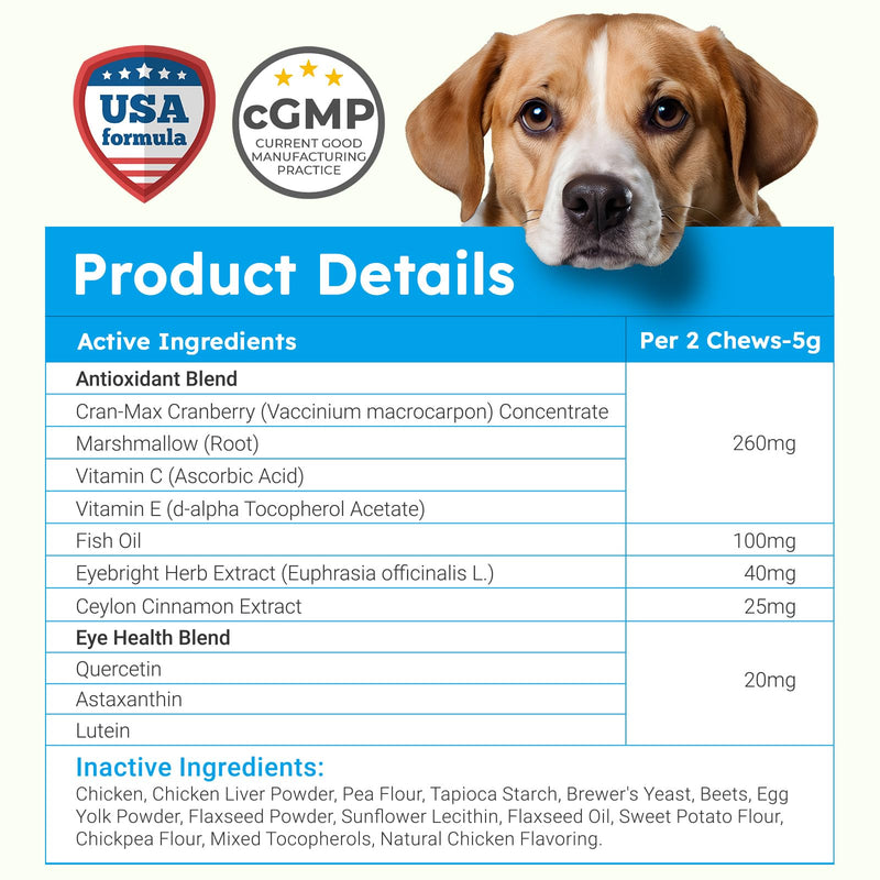 Tear Stain Chews and Eye Vitamins for Dogs - 150 Vision Soft Bites - Eye Supplements for Dogs with Lutein, Eyebright, Cranberry & Vitamin C - Chicken Flavor