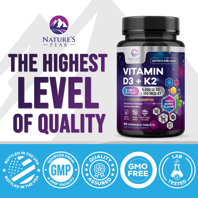 Vitamin D3 K2 - 5000 IU Vitamin D3 & 100 mcg Vitamin K2 MK-7 per Serving - Bone, Heart, & Immune Health Support - Calcium Absorption - D3K2 Berry Chew, Gluten Free, Non-GMO, Bottled USA - 60 Tablets 60 Count (Pack of 1)