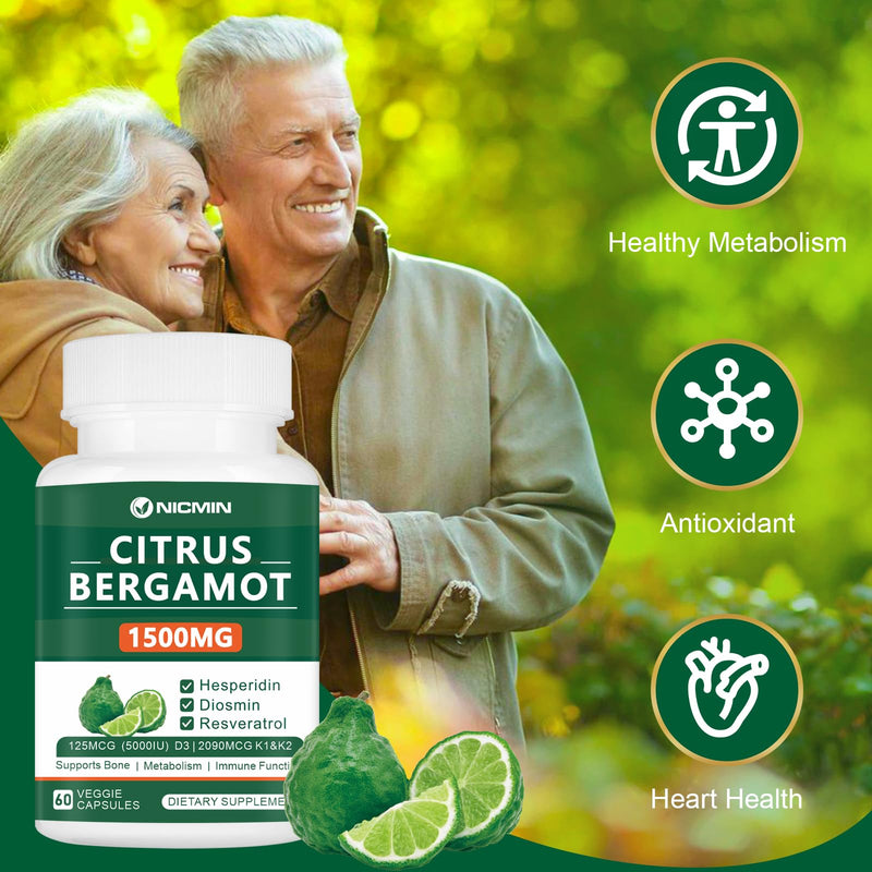 Citrus Bergamot 1500mg with Hesperidin, Diosmin, Resveratrol, Vitamin D3, K1 & K2 - Bergamot Supplement Supports Bone Health 120 Veggie Capsules