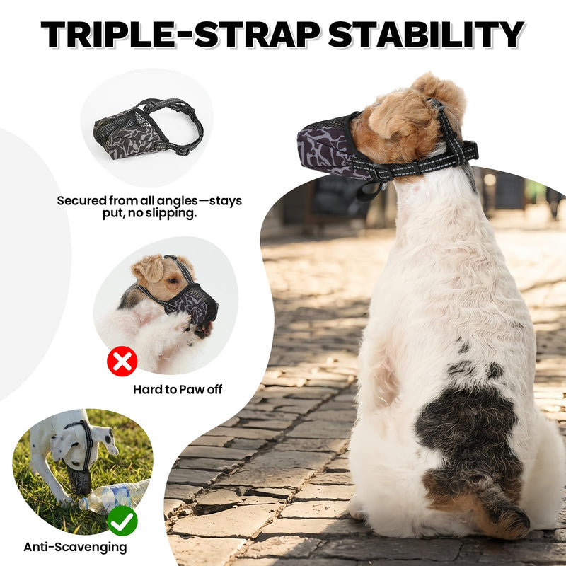 Pezluxe Dog Muzzle, Mesh Soft Muzzle for Small Medium Large Sized Dogs, Breathable Reflective Adjustable Dog Mouth Guard for Scavenging Grooming Biting Chewing Walking Vet Visits, Black, 2XL