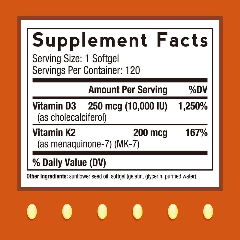 Doctor's Recipes Vitamin D3 K2, 10,000 IU, 200 mcg, MK-7, Strong Bone Density, Teeth, Immune, Heart Support, Energy, Calcium Absorption, No Soy & Gluten, Non-GMO, 120 Softgels