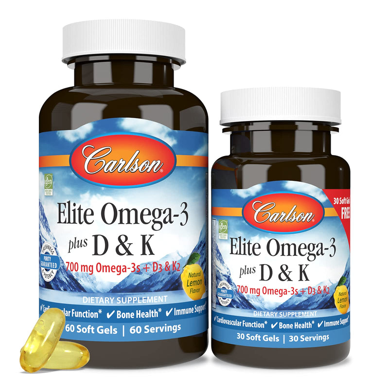 Carlson Elite Omega-3 Plus D & K, 700 mg, Omega-3s, Lemon, 60 + 30 Softgels | plus Vitamin D3 and K2 as MK-7 60 30 Soft Gels