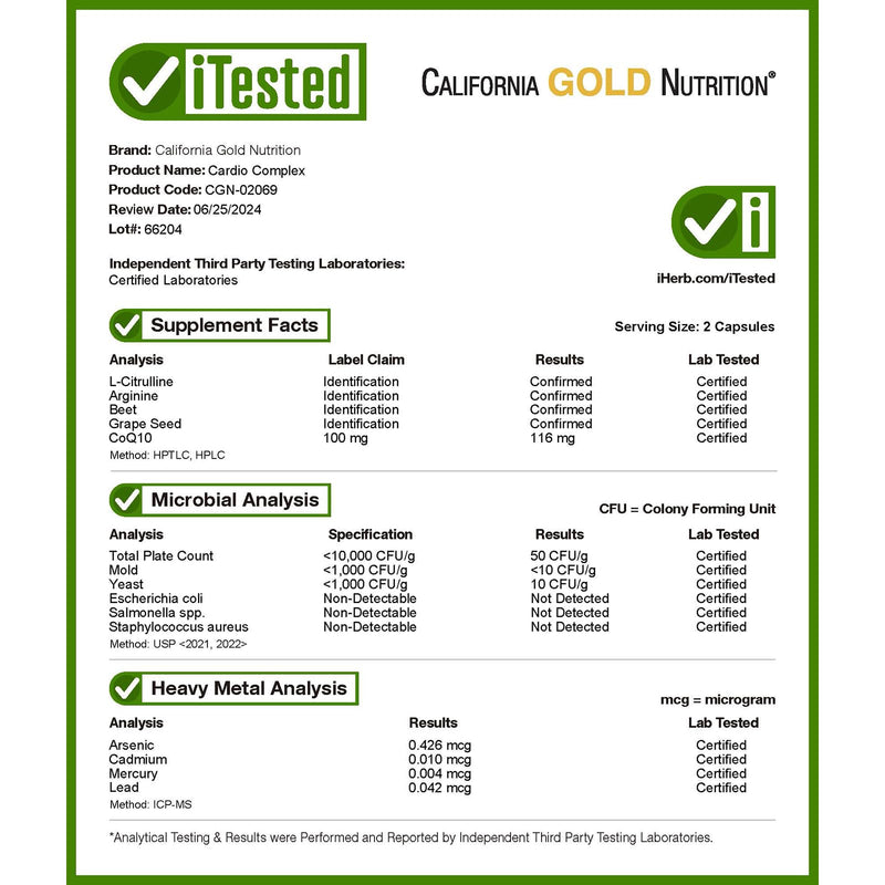 California Gold Nutrition Cardio Complex with CardioAmino Blend, CardioPhyto Blend and Coenzyme Q10, 180 Veggie Capsules