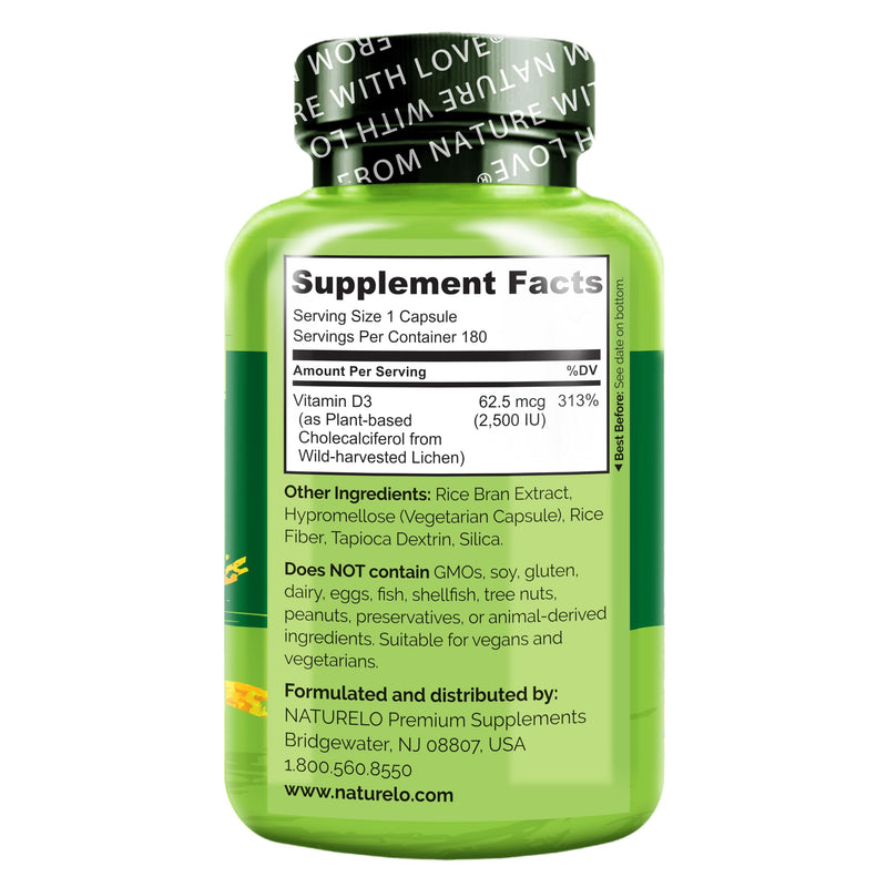 NATURELO Vitamin D3 2500 IU, Joint Support & Bone Health, 180 Count, 2 Pack | Vegan D3 Supplement, Vitamin D Supplements for Immune System, Plant-Based Capsules, Non-GMO, Gluten Free Unflavored 180 Count (Pack of 2)