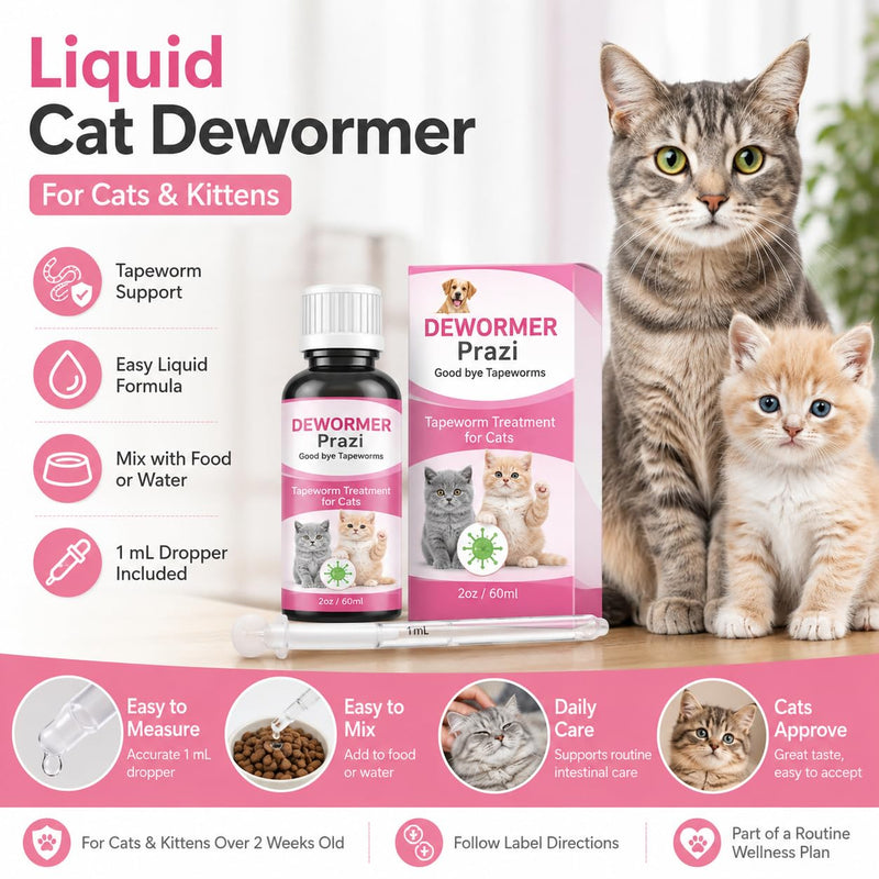 Liquid Cat De-wormer, Say Goodbye to Tapeworms in Cats and Kittens with 1 ml Dropper, Easy-to-Use Liquid Formula, 60ml
