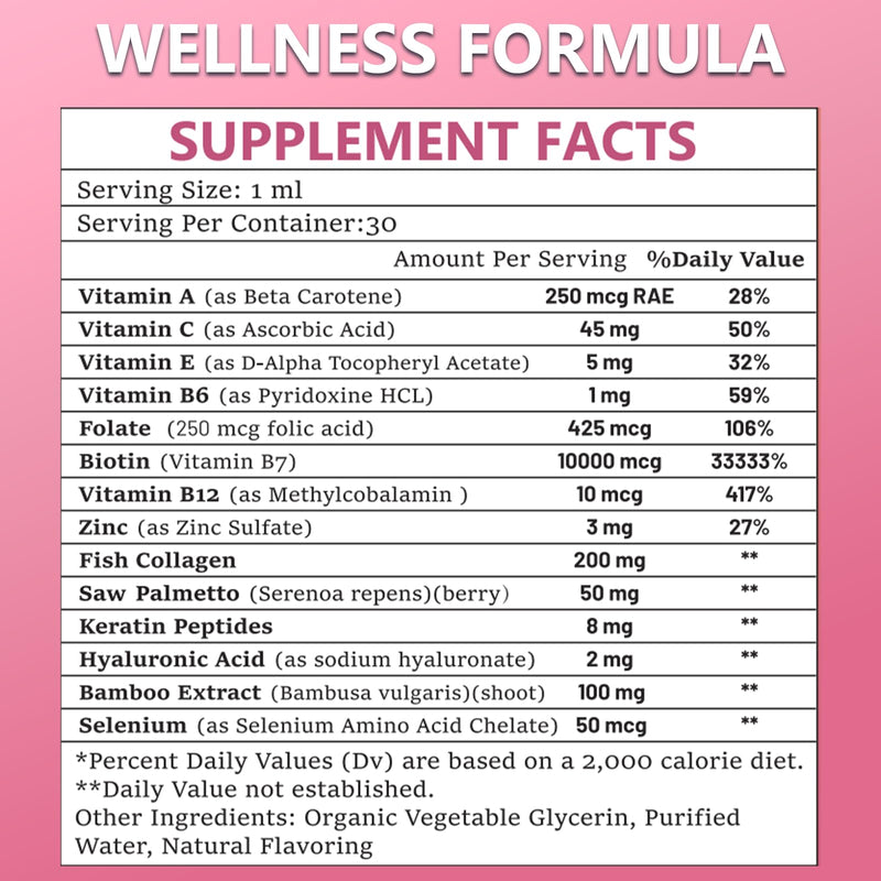 Pure Biotin 10000mcg Liquid Drop Hair Skin & Nails Vitamins Support | w. Biotin Collagen Keratin Hyaluronic Acid Saw Palmetto Bamboo, Biotin(Vitamin B7）Complex for Hair Growth & Cellular Energy