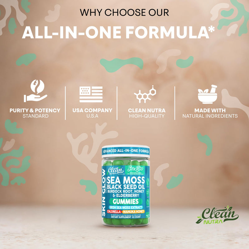 Clean Nutra Sea Moss Gummies Black Seed Oil Chlorella Ashwagandha Root Hair Growth Skin Glow Irish Sea Moss Elderberry Burdock Manuka Honey Trace Minerals Detox 60 Gummy Vitamins Sea Glow Supplement