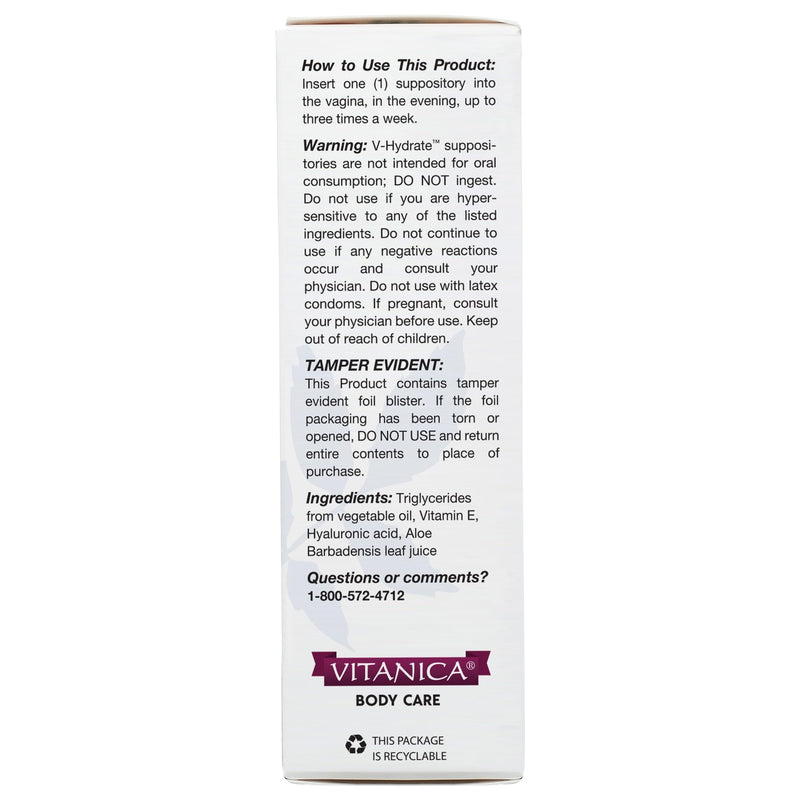 Vitanica V-Hydrate - Vaginal Health Suppository with Hyaluronic Acid(5mg), Aloe Leaf Juice and Vitamin E - Hydrating Support to Aid Vaginal Health - 24 Vaginal Suppositories (Hormone Free, Drug Free)