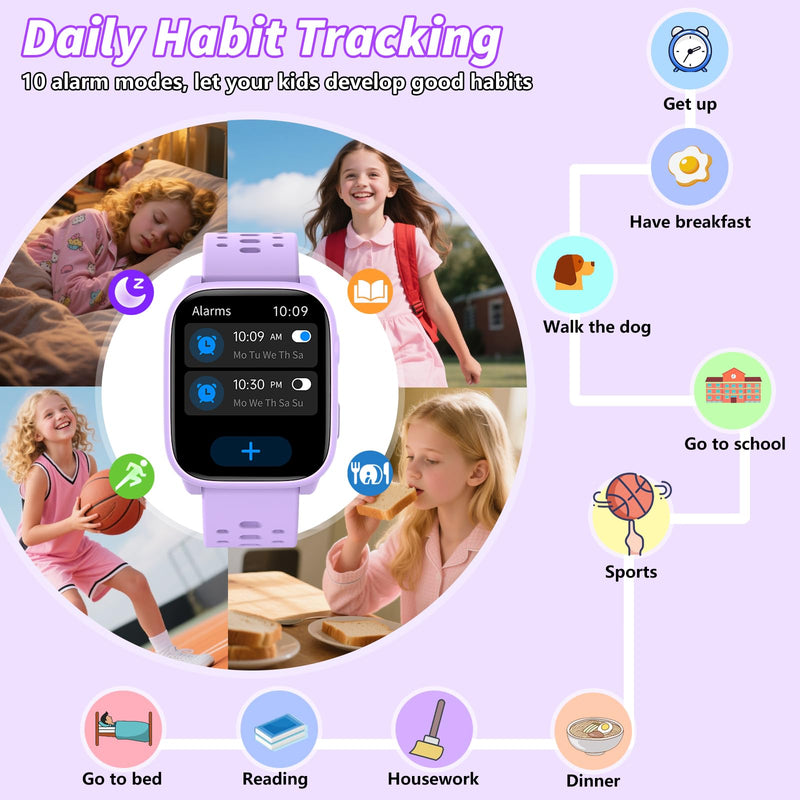 Smart Watch for Kids, 1.83" Fitness Tracker Watch Pedometer, Heart Rate, Sleep Monitor, IP68 Waterproof, Pedometer, Puzzle Games with/Without APP for Girls Boys Teens 6-16 Purple
