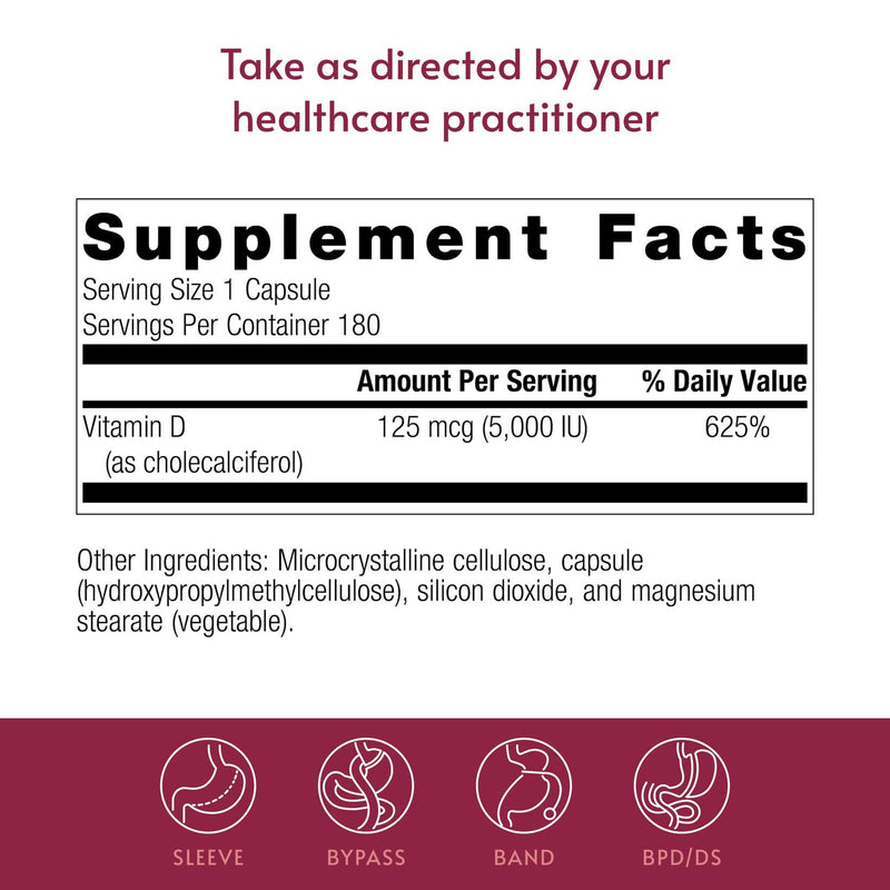 Bariatric Advantage Vitamin D3 5,000 IU, 180 Count | Bariatric Vitamin D, Bone Strength Support*, Water-Miscible, Easy Swallow Capsule, Vitamin D Capsules, for Bariatric Patients 180 Count (Pack of 1)