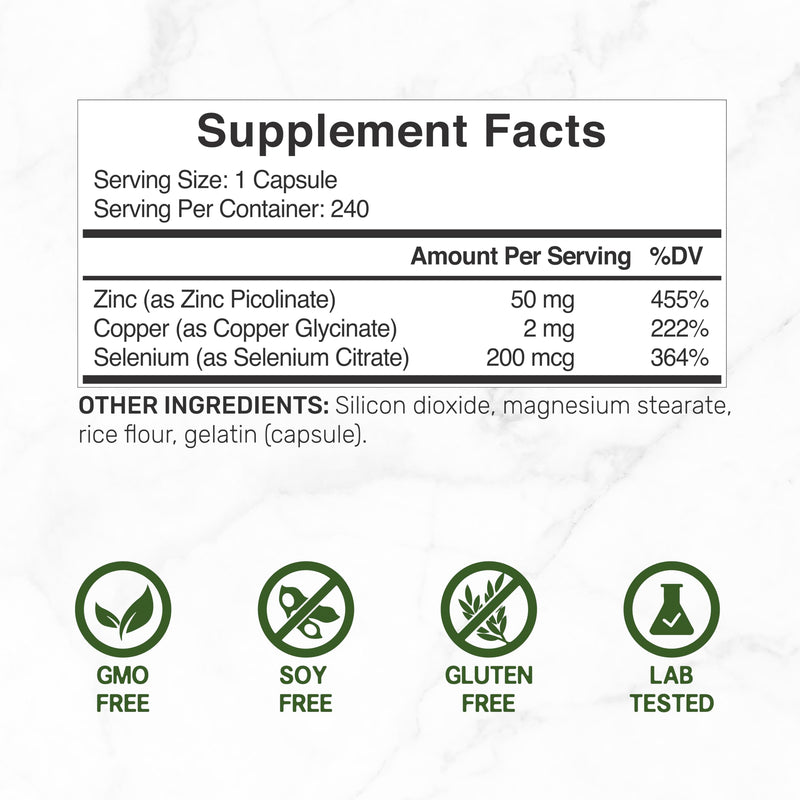 Zinc 50mg with Selenium 200mcg + Copper, 240 Capsules, 8 Month Supply, 3 in 1 Mineral Formula, Zinc Picolinate Complex Supplement, Supports Healthy Immune System for Adults and Kid - BeesActive Australia