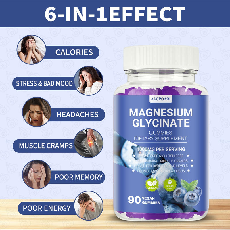 Magnesium Glycinate Gummies 1000mg, Non-GMO, Gluten-Free, Magnesium Supplement Gummies for Adults & Kids, Sleep, Relaxation & Focus, Blueberry Flavor, 90 Count