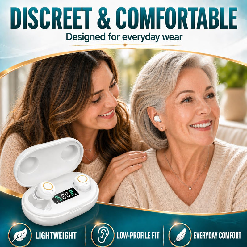 Rechargeable Hearing Amplifier for Seniors - Personal Sound Amplifier Device with Charging Case, Noise Reduction for TV Watching & Conversations, Easy Volume Control, Comfortable In-Ear PSAP (White) White