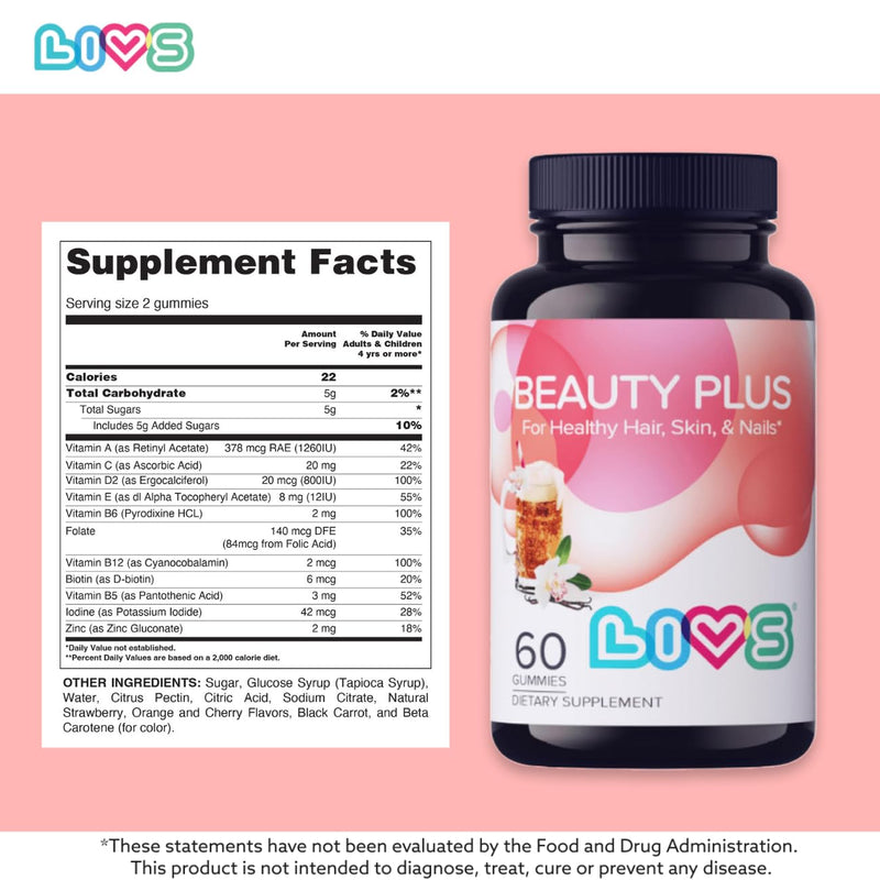 LIVS Beauty Plus Gummy Vitamins - Biotin Gummies for Hair, Skin and Nails | Natural, Gluten-Free, Non-GMO Beauty Supplement with Vitamin A, C, E, B12, D2, Zinc & More - Cream Soda Flavor - 60 Ct Pack of 1