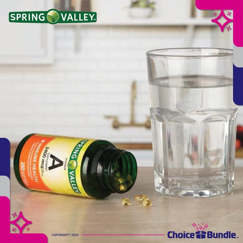 Spring Valley Vitamin A Softgels, 2400 mcg 2Pk Choice Bundle (500 Total) + Vitamin Vitality Guide and Pill Container (4 Items)! 250 Count (Pack of 2) - BeesActive Australia