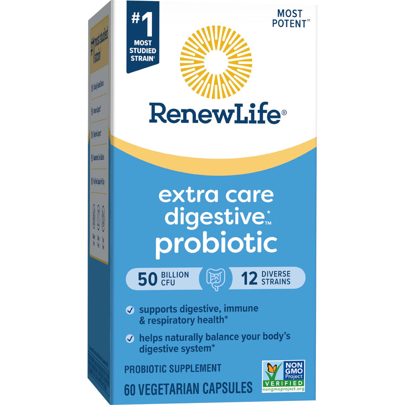 Renew Life Extra Care Digestive Probiotic 50 Billion CFU | 60 Vegetarian Capsules | Supports Digestive, Immune & Respiratory Health| Dairy, Soy and Gluten Free Supplement 60 Count (Pack of 1)