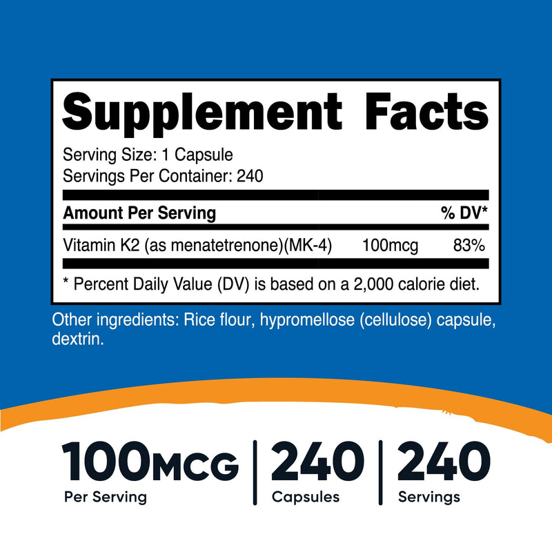 Nutricost Vitamin K2 (MK4) 240 Capsules (100mcg) - Gluten Free and Non-GMO Unflavored 240 Count (Pack of 1) - BeesActive Australia