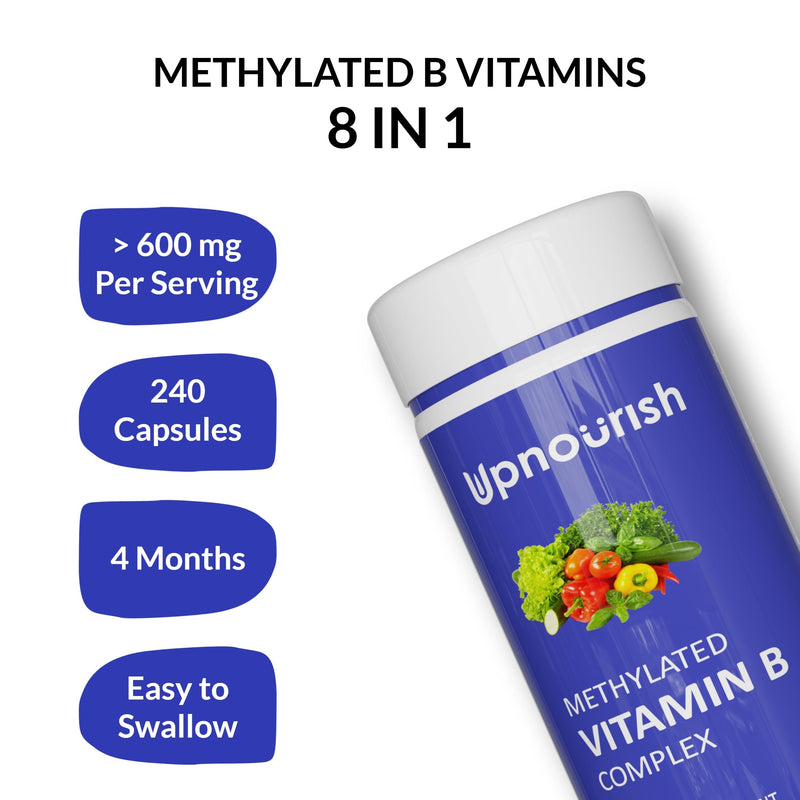 UpNourish Methylated B Complex Vitamins for Women and Men, 240 Veggies Capsules - Active Pure B Complex with Organic Fruits, Vegetables, B1 Thiamine, B2 Riboflavin, B3 Niacin, Folate, Methylcobalamin