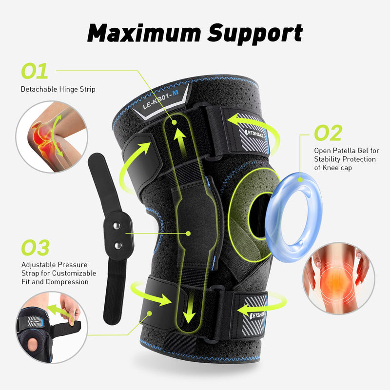 LETSHAKE Hinged Knee Brace for Men Women Adjustable Knee Support with Side Stabilizers for Knee Pain Relief, Meniscus Tear, Arthritis Pain and Support Plus Size ACL Knee Braces (Large) Large