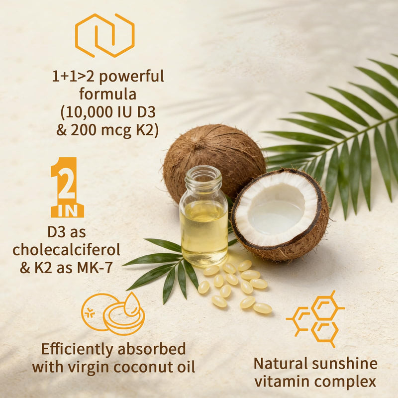 2-in-1 Vitamin D3 K2 Supplement Softgel, Vitamin D3 10000 IU and Vitamin K2 200 mcg, K2 MK7 with D3 Vitamin Supplement Support Immune, Heart, Teeth Health 180 Count (Pack of 1) 10,000 IU D3 & 200MCG K2 180 Softgels