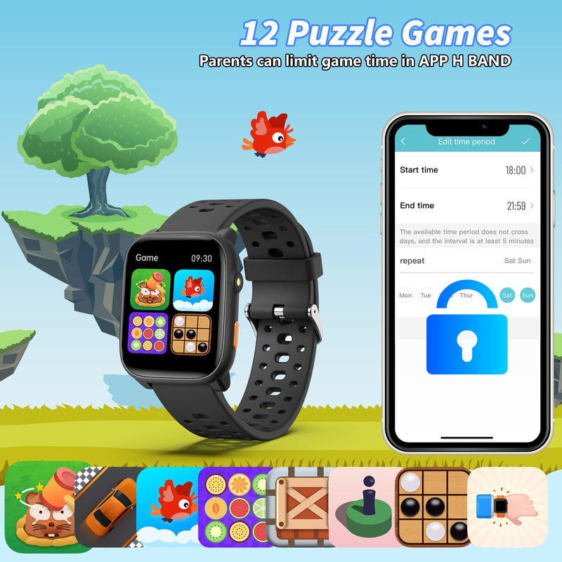 Kids Smart Watch with Puzzle Games, 1.83" Kids Watches Heart Rate, Sleep Monitor, Pedometer, Alarm Clock, Flashlight, Gift for 6-16 Year Old Boys Girls Toys (Black) Black - BeesActive Australia