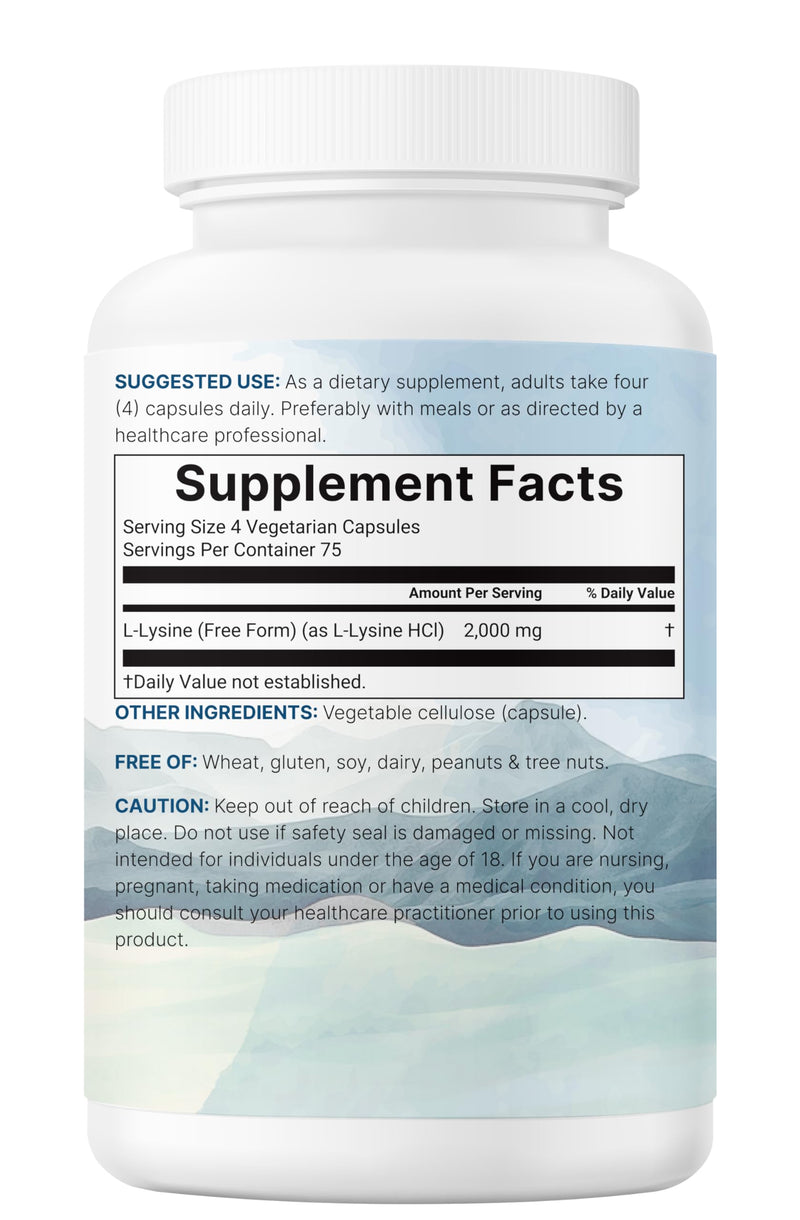 Pure L-Lysine 2,000mg, 300 Veggie Capsules | Maximum Potency, Easily Absorbed, Free Form | Essential Amino Acid for Collagen, Lip, & Immune Support | Clean Ingredients Without Fillers