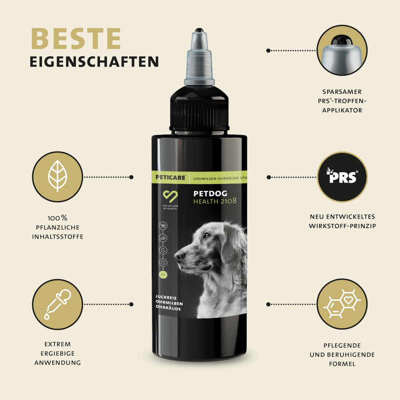 Peticare anti-parasite agent for dog ears | Against ear mites mange fungi | relieves itching & promotes regeneration process | unique PRS® system for long effects - petDog Health 2108 50 ml - BeesActive Australia