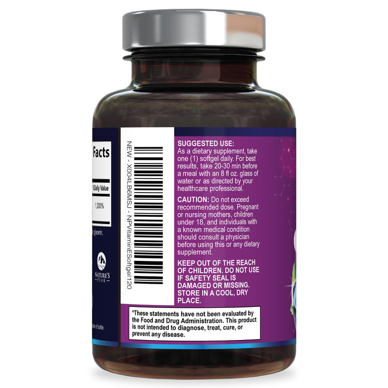 Vitamin E 180 mg Per Serving Softgels - E Vitamin DL-Alpha, Antioxidant-Rich Dietary Supplement for Skin, Heart, and Immune Support, Bottled USA, Easily Absorbed, Non-GMO & Gluten Free - 120 Softgels 120 Count (Pack of 1)