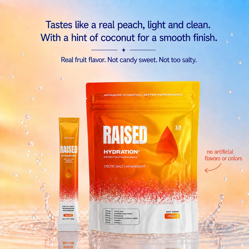 Raised Hydration+ No Sugar Electrolyte Powder Packets - 200mg Magnesium Glycinate, 500mg Sodium Celtic Sea Salt, 350mg Potassium | 500mg Vitamin C, 2000 IU Vitamin D | No Sucralose |15 Sticks, Peach