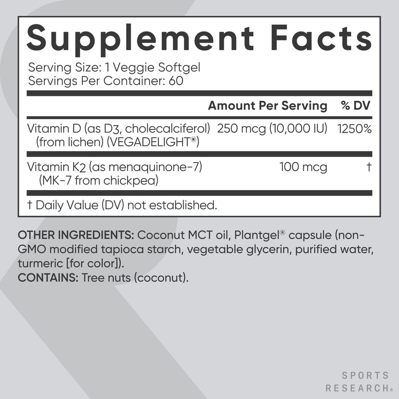 Sports Research® Vegan Vitamin D3 + K2 w/Coconut Oil, 60 Count Plantgels™ | Plant-Based Vitamin D 10,000iu/250mcg & Soy-Free Vitamin K 100mcg for Bone & Immune Support - Vegan Certified · Non-GMO