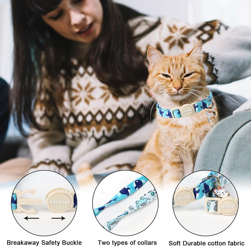 ARING PET 2 Pack Cat Collars-Cute Breakaway Cat Collar with Bell & Pendant, Adjustable Blue Whales&Dinosaur Pattern Kitten Collars with Safety Buckle for Girl and Boy Cats Dinosaur&Whales - BeesActive Australia