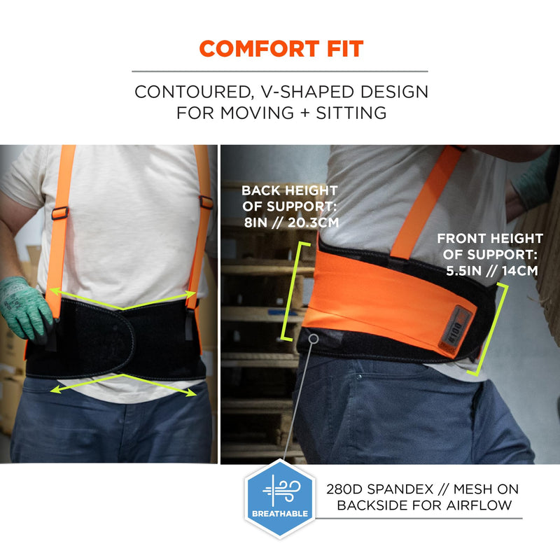Ergodyne ProFlex 100HV Back Support Brace, High Visibility Support Belt, 8" Spandex Material, Removeable Straps Large