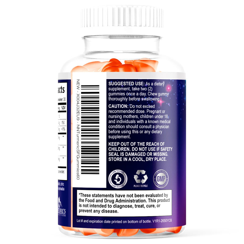 Turmeric Curcumin Gummies Sugar Free Supplement - 95% Curcuminoids with Turmeric & Ginger, Black Pepper for Best Absorption, Nature's Vegan Joint Support, Non-GMO, Tasty Peach Flavor - 60 Gummies