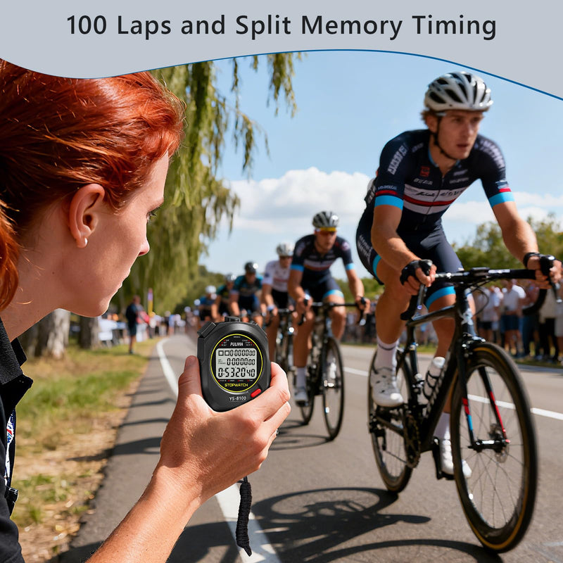Sports Stopwatch Timer 100 Lap Split Memory Digital Stop Watch, Countdown Timer Pace Mode 12/24 Hour Clock Calendar with Alarm, 3 Rows Display Large Screen Water Resistant Battery Included