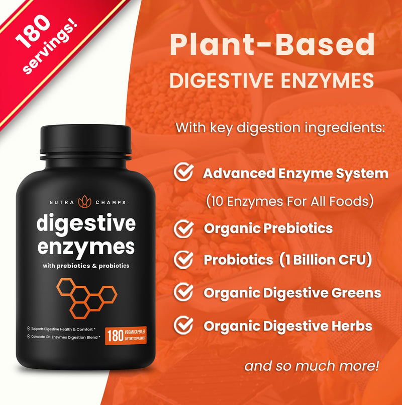 NutraChamps Digestive Enzymes with Probiotics and Prebiotics for Women & Men - 180 Vegan Capsules with Bromelain for Bloating & Optimal Gut Health 180 Count (Pack of 1)