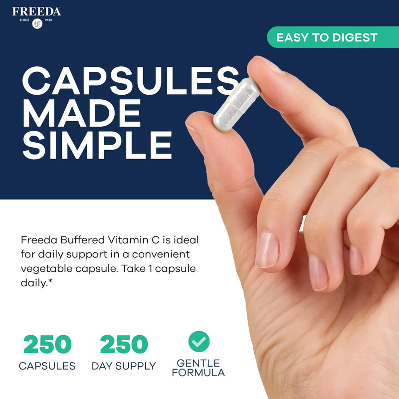 FREEDA Vitamin C - Buffered Vitamin C 500mg - Kosher - Powerful Antioxidant Immune Support - Sensitive Stomach Vitamins C Capsules Calcium Ascorbate - Vitamin C 500 mg - VIT C Supplement (250 Count) | Includes 50mg Calcium – Supports Immune Health & An...