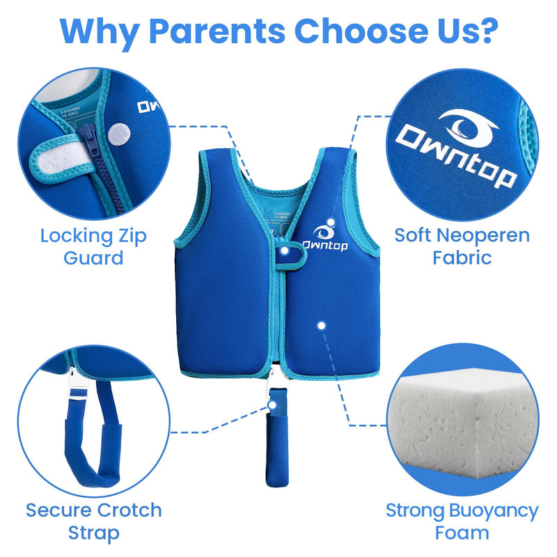 Owntop Kids Swim Vest Toddler Swim Vest with Adjustable Crotch Strap Toddler Floaties Boys Girls Buoyancy Aid for 30-40-50-60-70 Lbs Kids Royal Blue Large