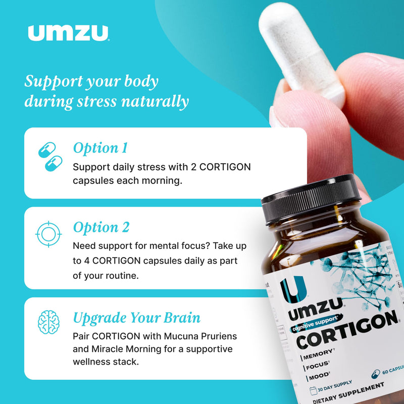 UMZU Cortigon Cortisol Support Supplement, 30 Day Supply | Ginkgo Biloba, Phosphatidylserine, Vitamins B6 and B12, Healthy Stress Response, Mood, Focus and Cognitive Support
